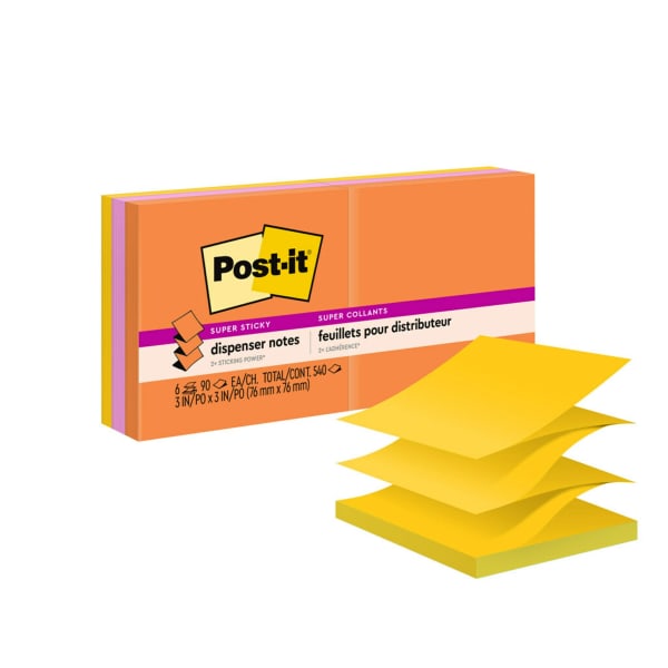 Post-it Super Sticky Notes, 3 in x 3 in, 6 Pads, 90 Sheets/Pad, 2x the Sticking Power, Energy Boost Collection