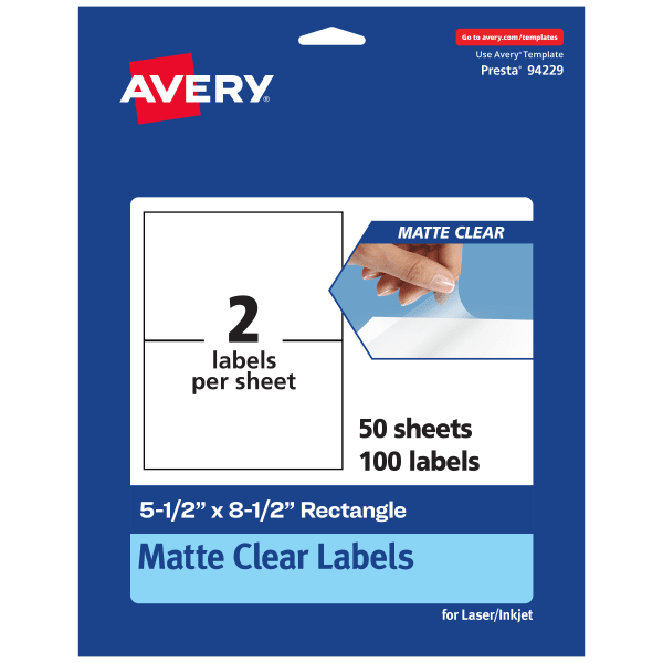 Avery Permanent Labels, 94229-CMF50, Rectangle, 5-1/2in x 8-1/2in, Matte Clear, Pack Of 100
