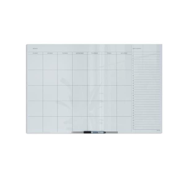 U Brands Floating Non-Magnetic Glass Dry-Erase Monthly Calendar Board, 36in X 24in, White Frosted Surface, Frameless, Actual Size 35in X 23in (2775U00-01)