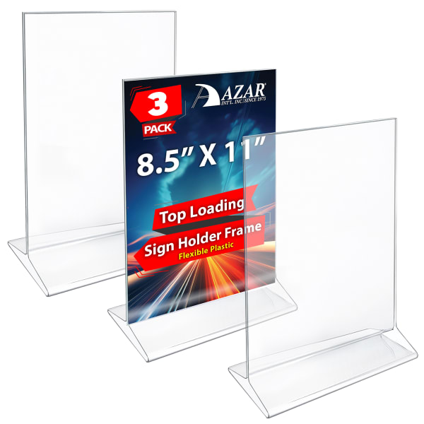 Azar Displays Top Load Flexible Plastic Vertical Sign Holders, 8-1/2in x 11in, Clear, Pack Of 3 Holders