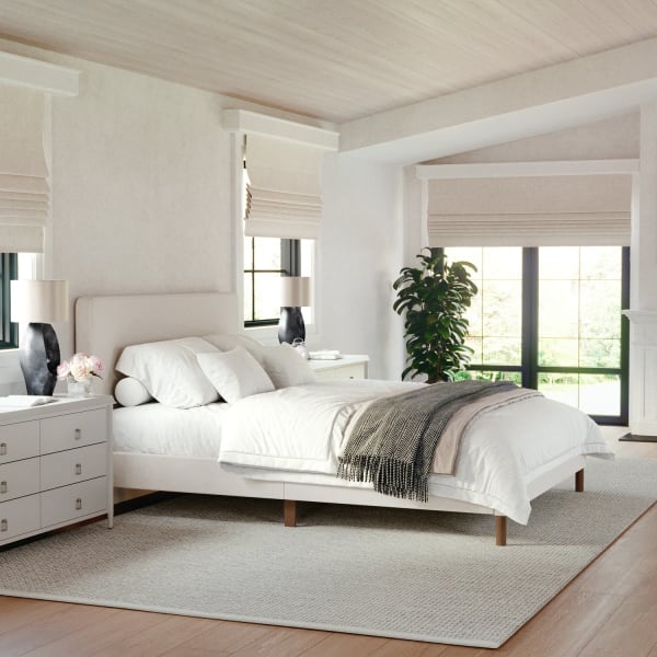 Martha Stewart Britta Upholstered Platform Bed with Rounded Headboard, Piped Detailing and Cushioned Siderails, Wood Slat Bottom, No Box Spring Needed, Beige Fabric/Walnut Legs, Queen