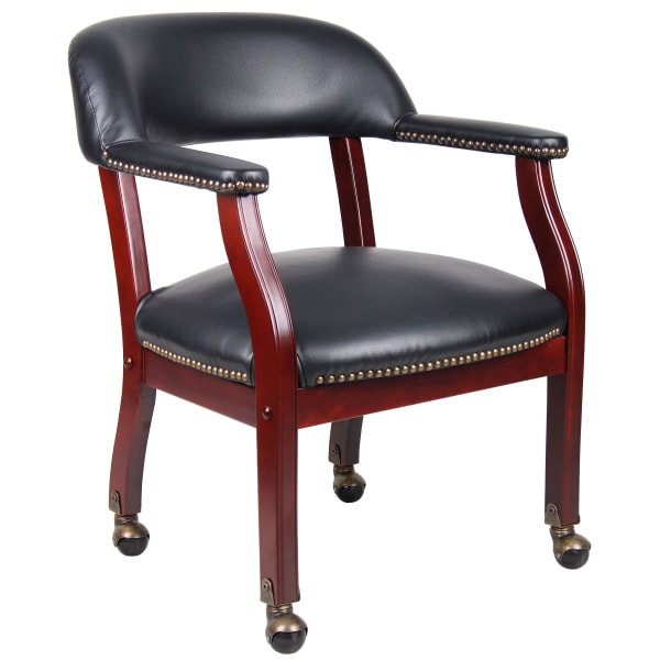 Boss Office Products Traditional Tufted Conference Chair With Casters, Black/Mahogany