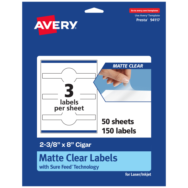 Avery Permanent Labels With Sure Feed, 94117-CMF50, Cigar, 2-3/8in x 8in, Matte Clear, Pack Of 150