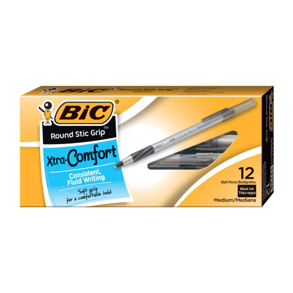BIC Round Stic Grip Xtra-Comfort Ballpoint Pens, Fine Point, 0.8 mm, Gray Barrel, Black Ink, Pack Of 12
