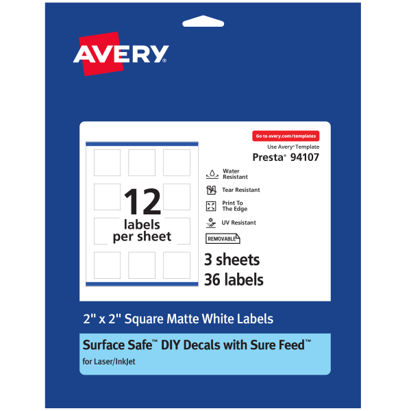Avery Durable Removable Labels With Sure Feed, 94107-DRF3, Square, 2in x 2in, White, Pack Of 36