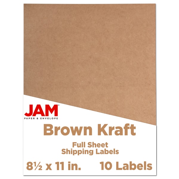 JAM Paper Full-Page Mailing And Shipping Labels, 337628602, 8 1/2in x 11in, Brown Kraft, Pack Of 10