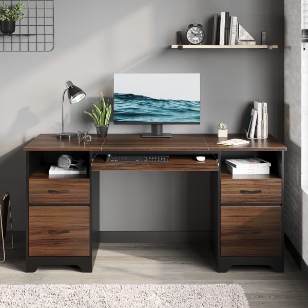 Bestier 59inW Double-Pedestal Executive Computer Desk With Open Storage & Drawer, Cherry