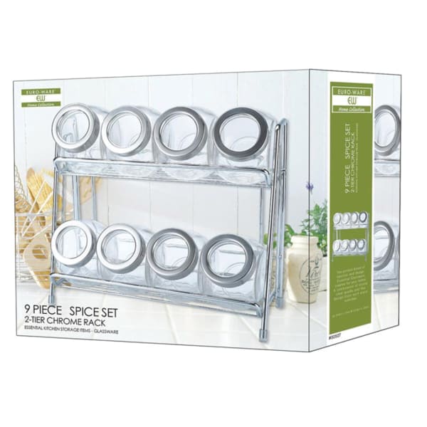 EuroHome 9-Piece Glass Spice Jar With Rack Set, 10-1/4inH x 9-1/2inW x 4-1/2inD, Clear/Chrome