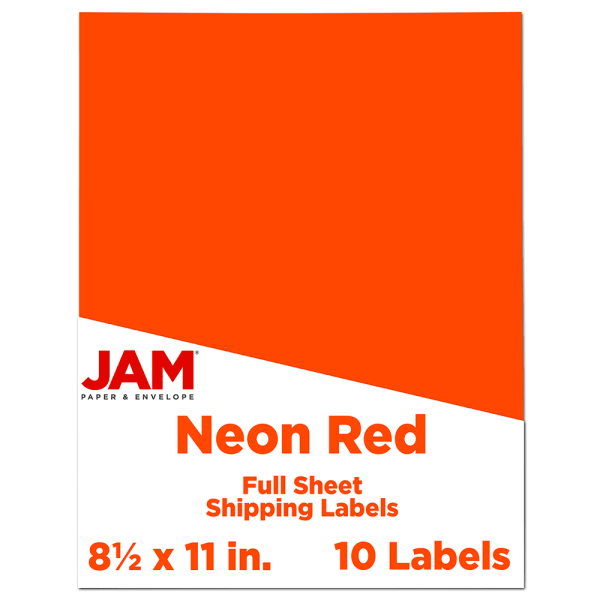 JAM Paper Full-Page Mailing And Shipping Labels, Rectangle, 8 1/2in x 11in, Neon Red, Pack Of 10