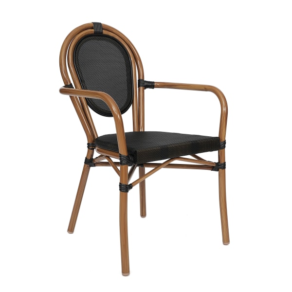 Flash Furniture Marseille Indoor/Outdoor Commercial Thonet Bistro Stacking Chair with Arms, Textilene and Bamboo Print Aluminum Frame, Black/Natural Frame