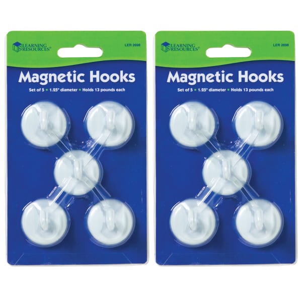 Learning Resources Magnetic Hooks, 1 1/4in, 13 Lb, White, 5 Hooks Per Pack, Set Of 2 Packs