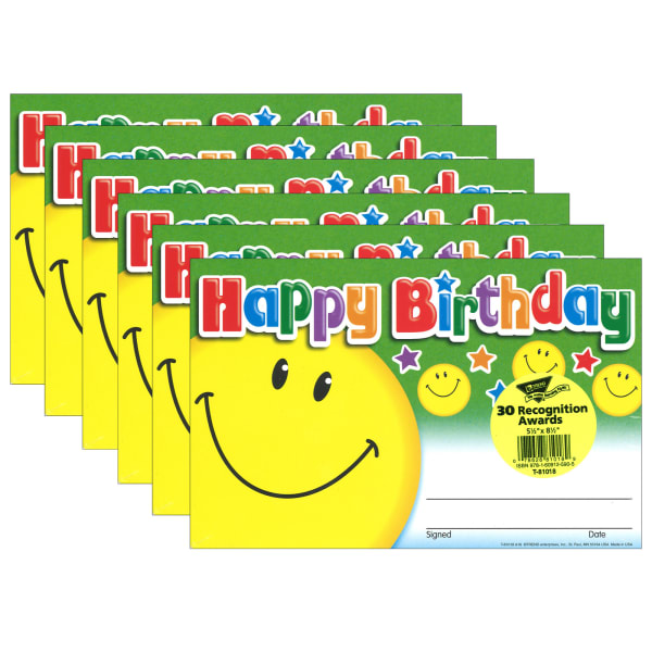 TREND Recognition Awards, Happy Birthday Smile, 30 Per Pack, Set Of 6 Packs