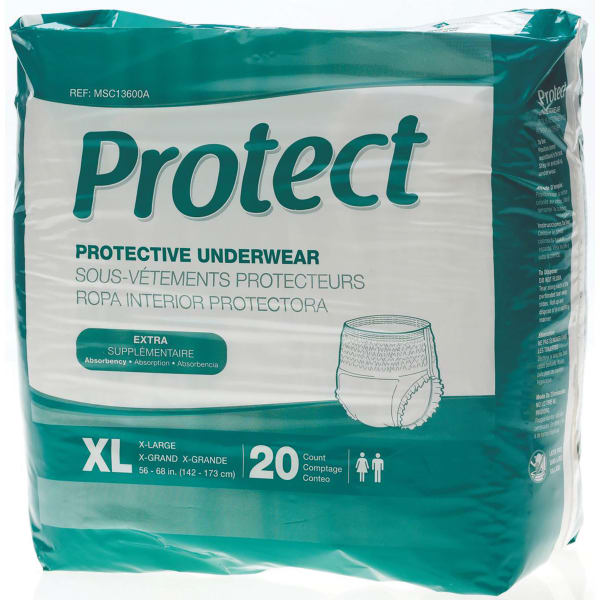 Protect Extra Protection Protective Underwear, X-Large, 56 - 68in, White, Bag Of 20