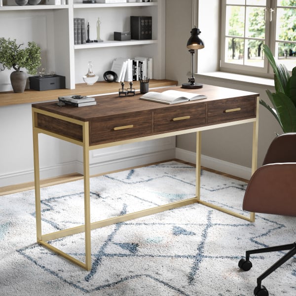 Martha Stewart Ollie 47-1/4inW Home Office Computer Desk With 3 Drawers, Walnut/Polished Brass