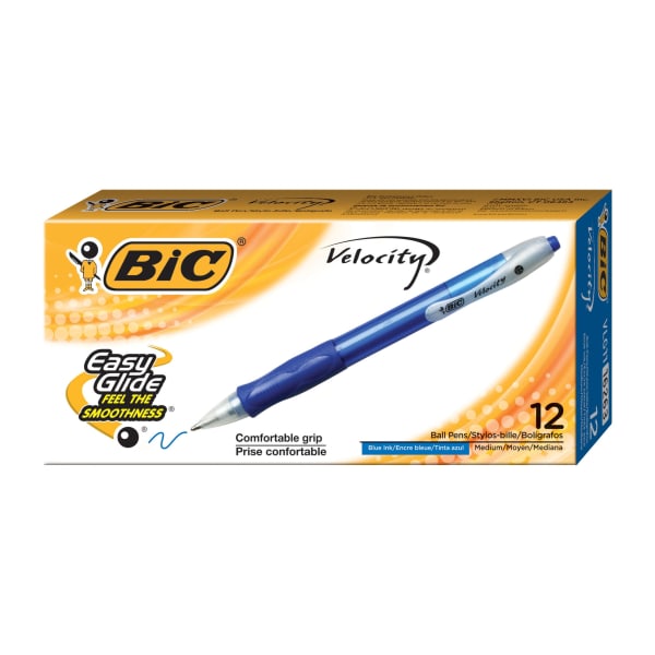 BIC Velocity Retractable Ballpoint Pens, Medium Point, 1.0 mm, Assorted Barrels, Blue Ink, Pack Of 12