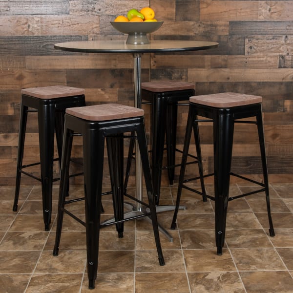 Flash Furniture 30in High Metal Indoor Bar Stool with Wood Seat - Stackable Set of 4, Black