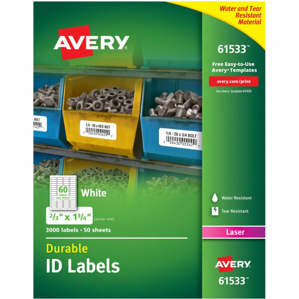 Avery Permanent Durable ID Labels With TrueBlock Technology, 61533, 2/3in x 1 3/4in, White, Pack Of 3,000