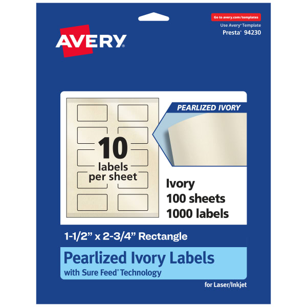 Avery Pearlized Permanent Labels With Sure Feed, 94230-PIP100, Rectangle, 1-1/2in x 2-3/4in, Ivory, Pack Of 1,000 Labels