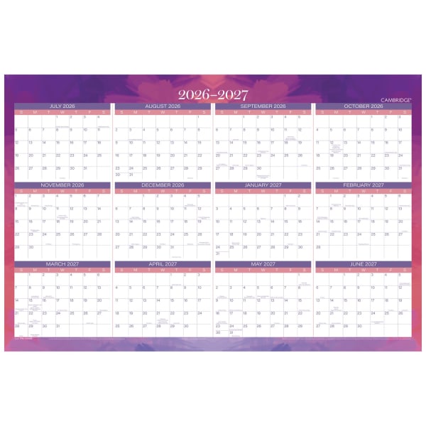 Mead Cambridge Filbert 2026-2027 Erasable Wall Calendar, Reversible Academic Year/Regular Year, Large, 24in x 36in