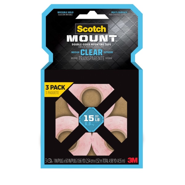 Scotch Mount Clear Double-Sided Mounting Tape, Transparent, 1 in x 60 in, 3 Pack