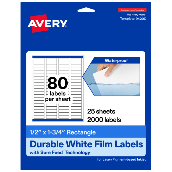 Avery Waterproof Permanent Labels With Sure Feed, 94203-WMF25, Rectangle, 1/2in x 1-3/4in, White, Pack Of 2,000