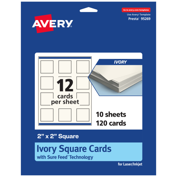 Avery Printable Business Cards With Sure Feed Technology, 95269-MIC10, Square, 2in x 2in, Matte Ivory, Pack Of 120