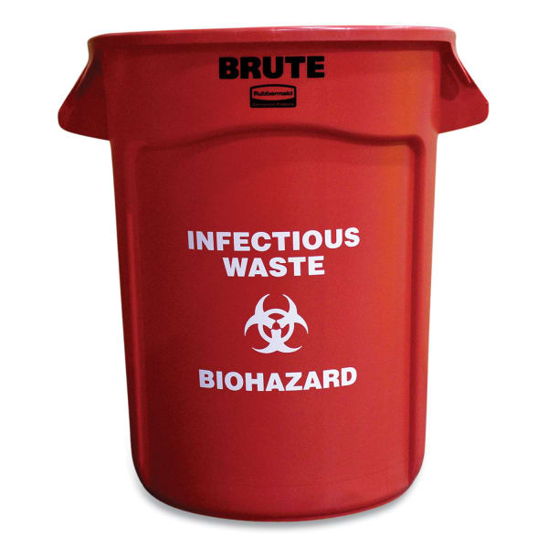 Rubbermaid Vented Round Brute Container, "Infectious Waste: Biohazard" Imprint, 32 gal, Plastic, Red
