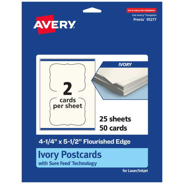 Avery Printable Postcards With Sure Feed Technology, 95277-MIC25, Rectangle Flourished Edge, 4.25in x 5.5in, Matte Ivory, Pack Of 50