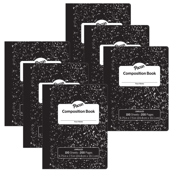 Pacon Composition Books, Unruled 9-3/4in x 7-1/2in, Black Marble, 100 Sheets, Pack Of 6 Books