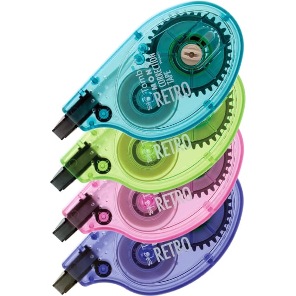 Tombow Mono Correction Tape In Retro Colors, Single Line, 394in, Blueberry/Grape/Tangerine/Watermelon Applicators, Pack Of 4