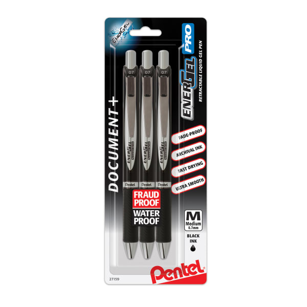 EnerGel PRO Pigment Gel Pens, Medium Point, 0.7 mm, Black Barrel, Black Ink, Pack Of 3