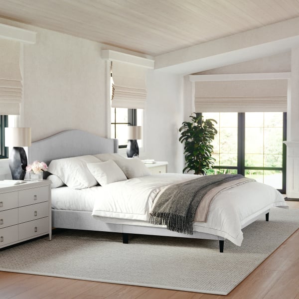 Martha Stewart Amelia Upholstered Platform Bed with Curved Headboard and Cushioned Siderails, Wood Slat Foundation with No Box Spring Needed, Gray Fabric/Black Legs, King