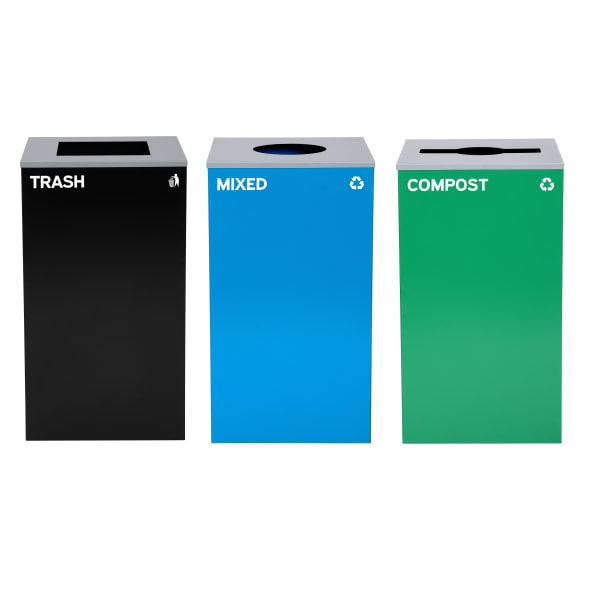 Alpine Industries Stainless-Steel Open Top Mixed Recycling, Compost And Trash Can Set With Square, Mixed And Circle Lids, 29 Gallons, 30inH x 16-15/16inW x 16-15/16inD, Black/Blue/Green, Set Of 3 Trash Cans