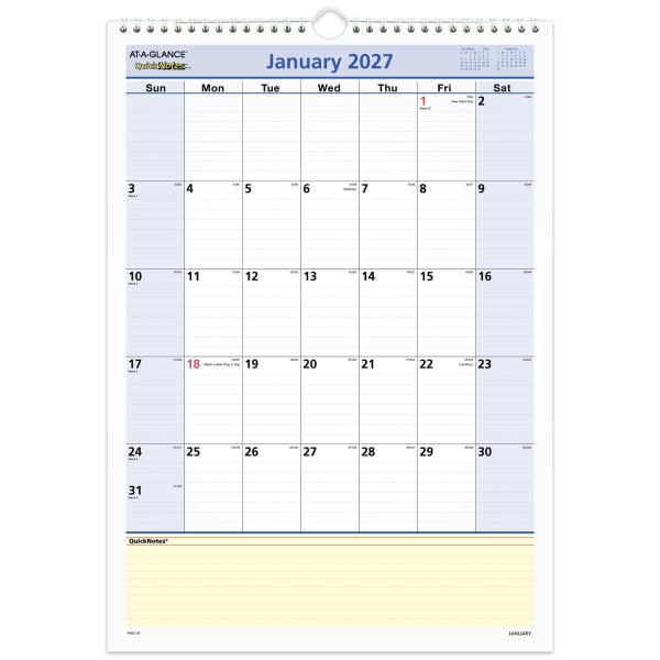 AT-A-GLANCE QuickNotes 2027 Monthly Desk Wall Calendar, Medium, 12in x 17in