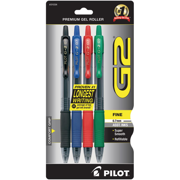 Pilot G2 Retractable Gel Pens, Fine Point, 0.7 mm, Assorted Barrels, Assorted Ink Colors, Pack Of 4