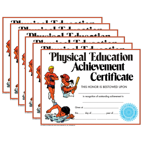 Hayes Publishing Physical Education Achievement Certificate, 8.5in x 11in, 30 Per Pack, Set Of 6 Packs