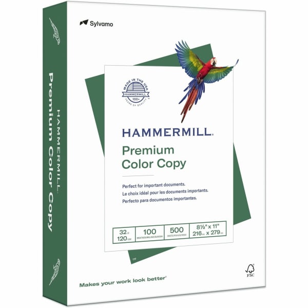 Hammermill Color Multi-Use Printer & Copy Paper, 1 Ream, White, Letter (8.5in x 11in), 500 Sheets Per Ream, 32 Lb, 100 Brightness