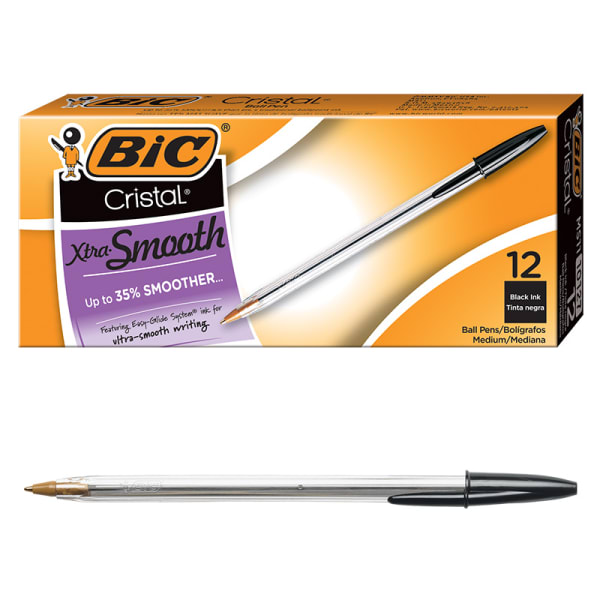 BIC Cristal Ballpoint Pens, Medium Point, 1.0 mm, Clear Barrel, Black Ink, Pack Of 12