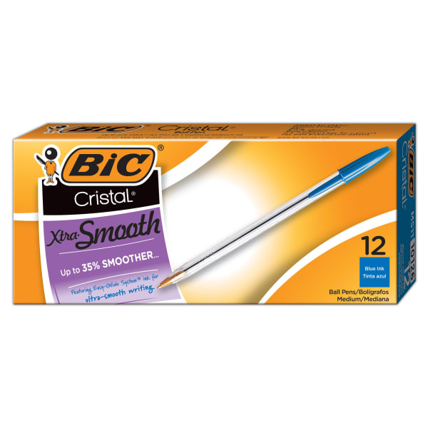 BIC Cristal Ballpoint Pens, Medium Point, 1.0 mm, Clear Barrel, Blue Ink, Pack Of 12