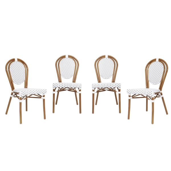Flash Furniture 4 Pack Lourdes Indoor/Outdoor Commercial Thonet Bistro Stacking Chair, PE Rattan and Aluminum Frame, White & Gray/Natural Frame