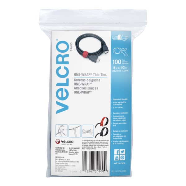 VELCRO Brand ONE-WRAP Thin Ties, 8in x 1/2in, Assorted Colors, Pack Of 100 Ties