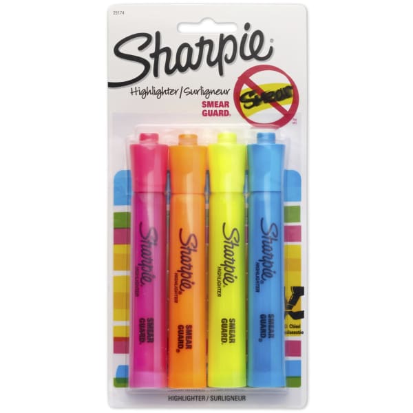 Sharpie Tank Style Highlighters, Chisel Tip, Assorted Colors, 4 Count