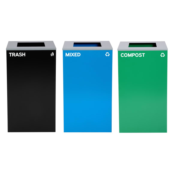 Alpine Industries Stainless-Steel Open Top Mixed, Compost And Trash Can Set With Square Lids, 29 Gallons, 30inH x 16-15/16inW x 16-15/16inD, Black/Blue/Green, Set Of 3 Trash Cans