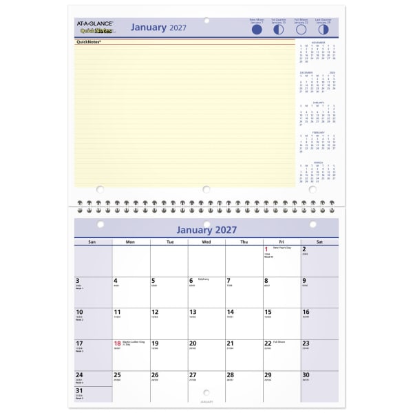 AT-A-GLANCE QuickNotes 2027 Monthly Desk Wall Calendar, Small, 11in x 8in