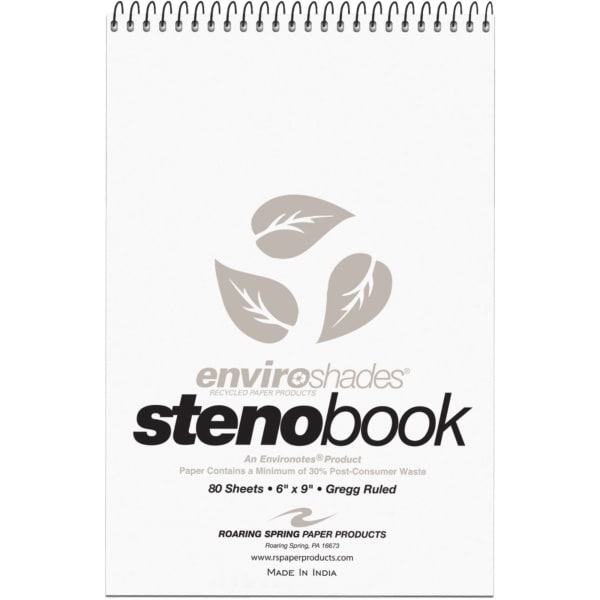 Roaring Spring Enviroshades Steno Books, 6in x 9in, Gregg Ruled, 80 Sheets Per Pad, 30% Recycled, Gray, Pack Of 4