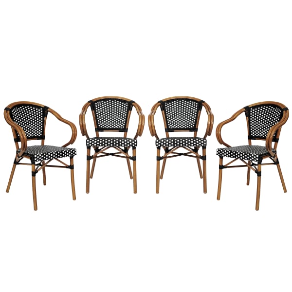 Flash Furniture 4 Pack Bordeaux Indoor/Outdoor Commercial Bistro Stacking Chair with Arms, PE Rattan and Bamboo Print Aluminum Frame, Black & White/Natural Frame
