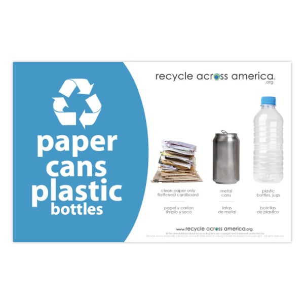 Recycle Across America Paper, Cans And Plastic Standardized Recycling Label, PCP-5585, 5 1/2in x 8 1/2in, Light Blue