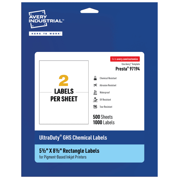 Avery Ultra Duty Permanent GHS Chemical Labels, 97194-WMUI500, Rectangle, 5-1/2in x 8-1/2in, White, Pack Of 1,000