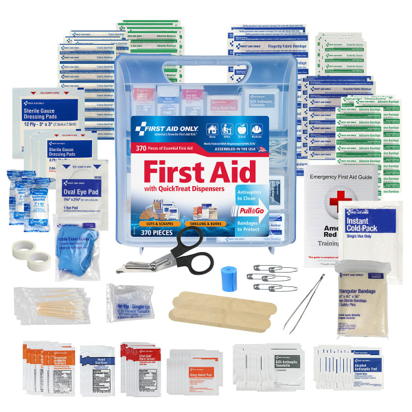 First Aid Only QuickTreat Plastic First Aid Kit, 11-3/4inH x 10-1/2inW x 2-15/16inD, Kit Of 370 Pieces