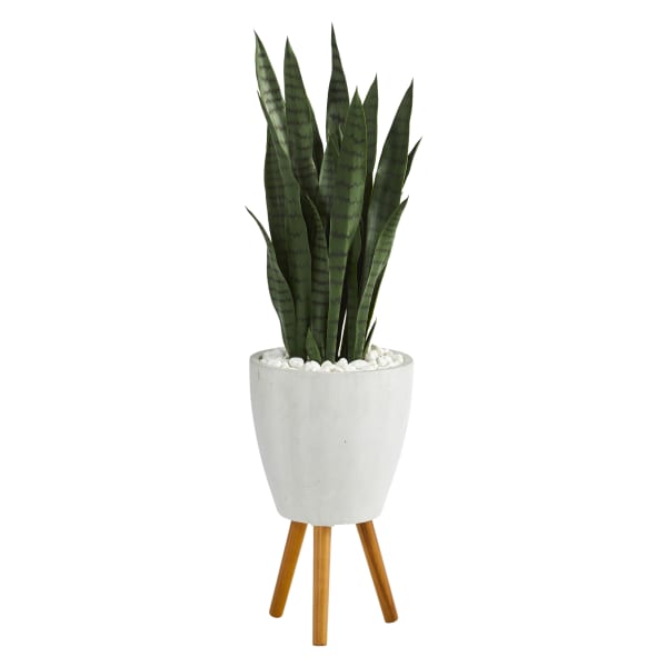 Nearly Natural Sansevieria 48inH Artificial Plant With Stand Planter, 48inH x 9inW x 9inD, Green/White